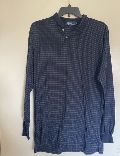 Polo Ralph Lauren Long Sleeve Knit Shirt XL Dark Blue Checked Pattern Vintage - Picture 1 of 3