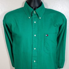 Vintage Tommy Hilfiger Button Down Shirt Green Cotton Logo Pocket Men's Large