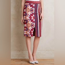 Maeve Anthropologie Floral Stripe Pencil Skirt Burgundy Sz L Boho Eclectic Artsy