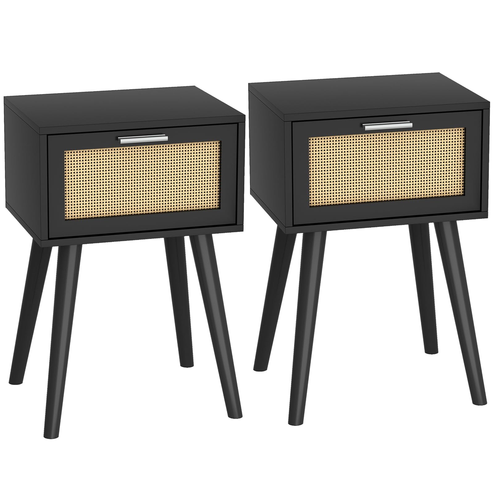 Nightstand Set of 2 Small End Tables with Rattan Door and Solid Wood Frame for Bedroom-image
