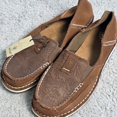 ARIAT Womens Bomber Cruiser Brown Suede Floral Emboss Loafer Shoes Sz NEW 