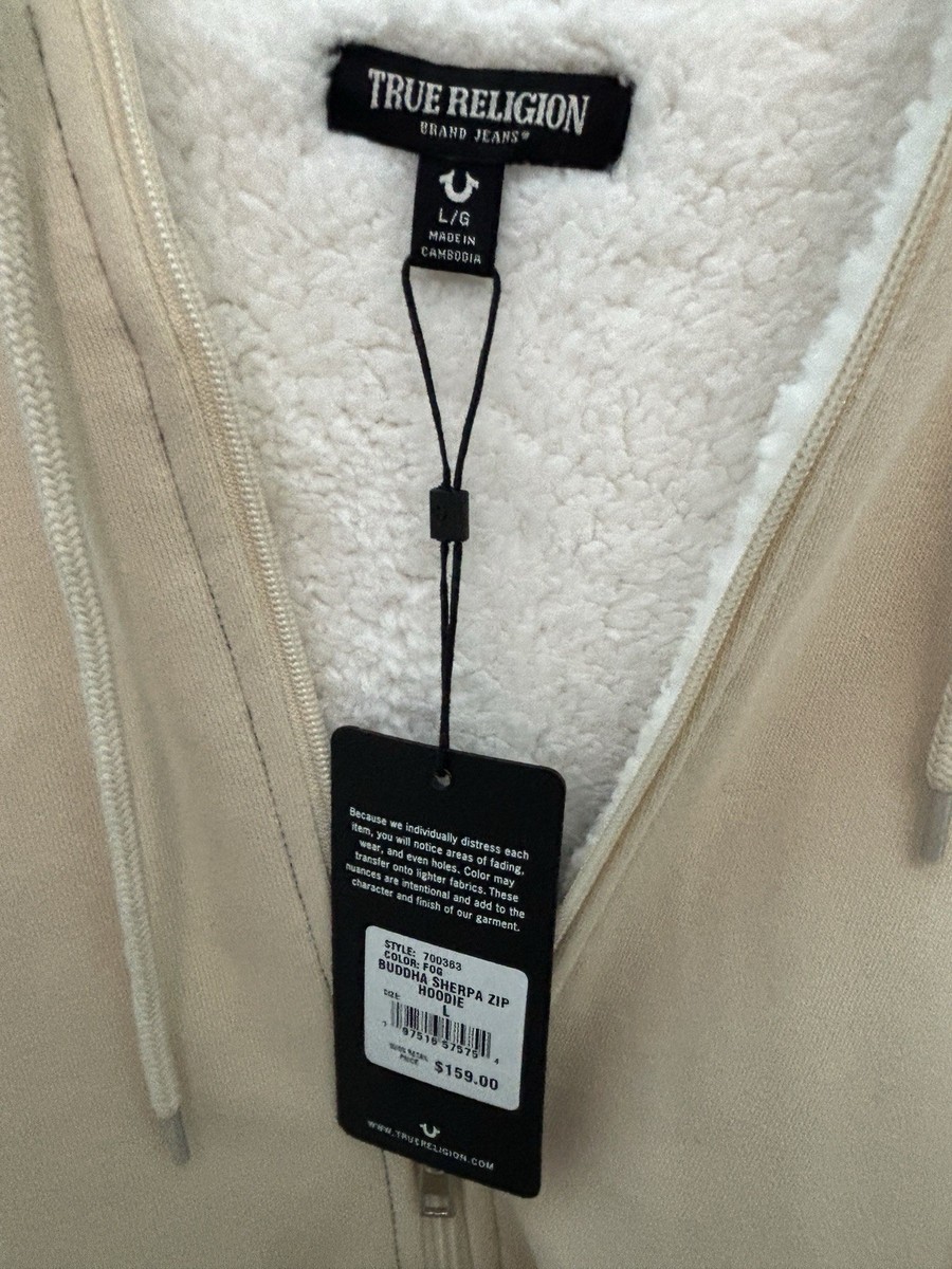 True Religion Men's Large Sherpa Zip Hoodie Buddha Logo Beige Tan