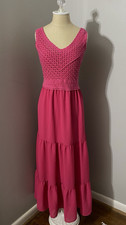 Womens Tiered Maxi Dress Fuchsia Crochet Bodice BOHO Festival Resort Wear Size L