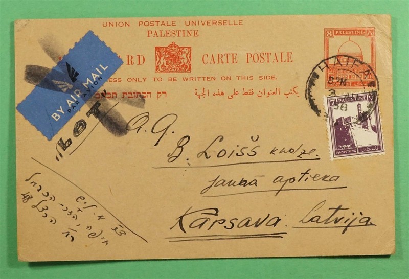 DR WHO 1938 PALESTINE UPRATED POSTAL CARD HAIFA AIRMAIL TO LATVIA R78520