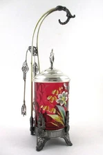 James W. TUFTS #3614 - Antique PICKLE CASTOR w/HOOK - hp CRANBERRY Enamel JAR