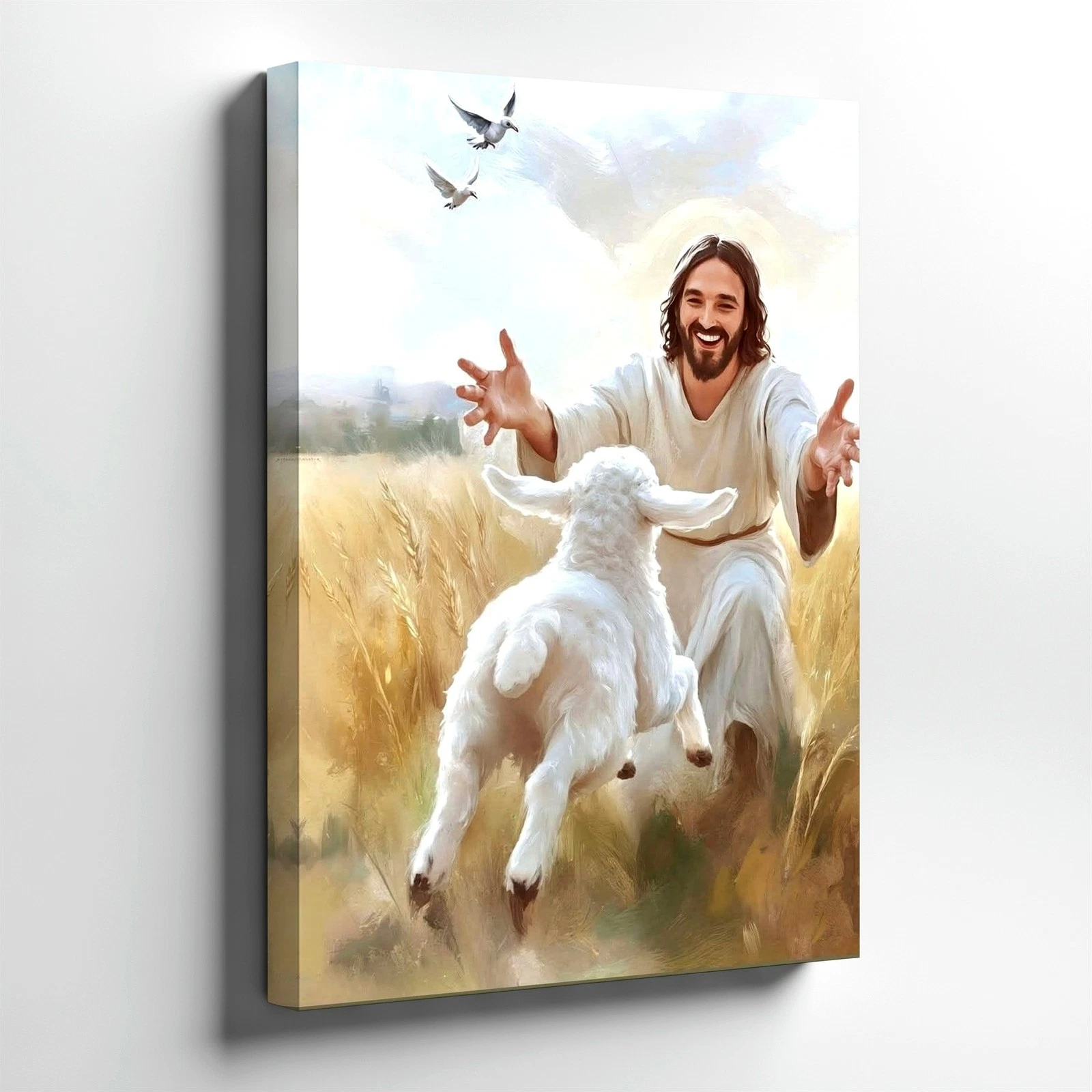 Wall Art Jesus and Lamb Canvas Print Christian Pastoral Field Dove Painting Deco
Opens in a new wind