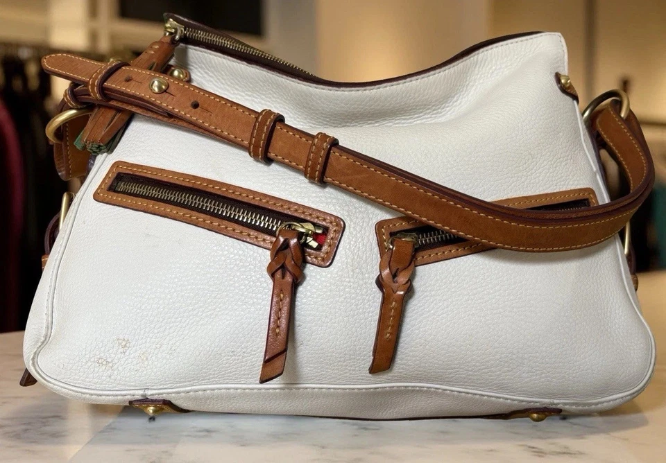 Dooney Bourke White Brown Pebbled & Florentine Leather Medium Zip Hobo Bag - Image 4 of 4