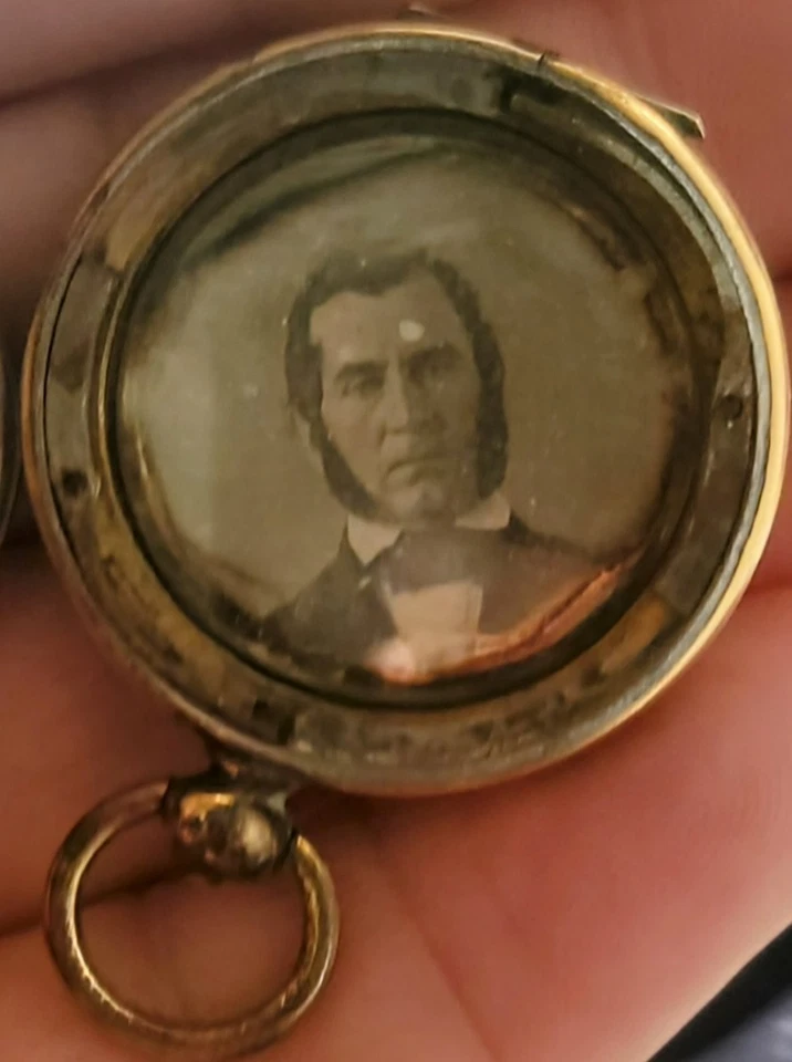Daguerreotype Photographs Lady w Veil Man w Mutton Chop Sideburns In GF Locket  - Image 3 of 4