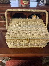 Vintage Dritz Woven Sewing Basket From Japan Blue Satin Lining Hinged Tray❤️