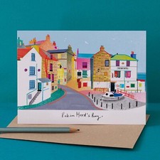 Blank Card Colourful Robin Hoods Bay Yorkshire- Mixed Media Landmark Artwork