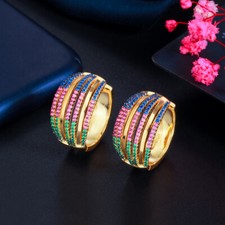 Women Elegant Multicolor Cubic Zirconia 18K Gold Plated Wide Round Hoop Earrings
