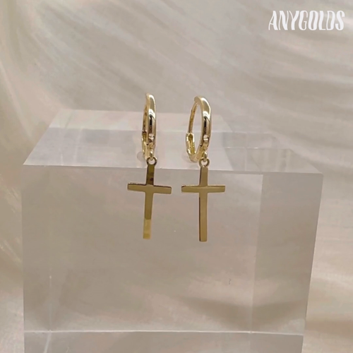 14K REAL Solid Gold Cross Huggie Hoop Earring Dangle Lobe Minimal Jewelry - Video 1 of 1