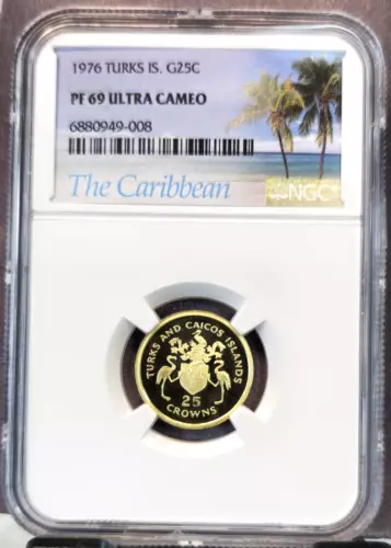 1976 TURKS & CAICOS GOLD 25 CROWNS COAT OF ARMS NGC PF 69 ULTRA CAMEO RARE