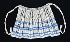 Vintage Hand Crocheted White Blue Striped Scalloped Bottom Half Apron