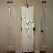 MARINA White Embellished Sleeve Cape Overlay Jumpsuit size 16