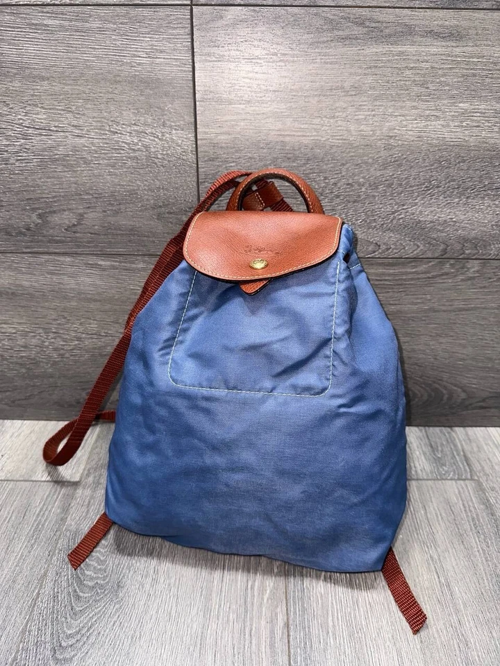 Mochila Longchamp Le Preage Original Nylon Cuero Azul Marrón B000455 Foto 2 de 4