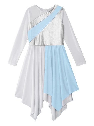 Girls Lyrical Dance Dress Metallic Long Sleeve Tunic Skirt Church Robe Costume - Picture 49 of 67