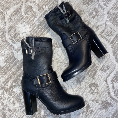 JIMMY CHOO Boots Womens 7.5 Leather Biker Platform Rocker Black Fur Lined - 第 3/17 張圖片