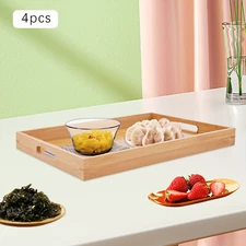 4pc Serving Tray Bamboo Wooden Tray w/ Handles Great for Dinner Trays Tea Desert