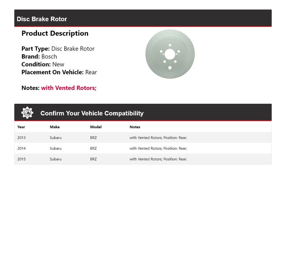 Rotor de freno de disco trasero 2014 para Subaru BRZ Bosch QuietCast 2013-2015 Foto 2 de 4