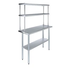 18 in. x 48 in. Stainless Steel Work Table & 12 in. Wide Double Tier Overshelf