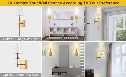 Dimmable Wall Sconces Set of Two, Plug in Wall Sconces White Fabric Shade - Picture 4 of 8