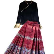 Lady 2PCS Ethnic Chinese Retro Hanfu Top Suit Cosplay Horse-face Skirt Pleated