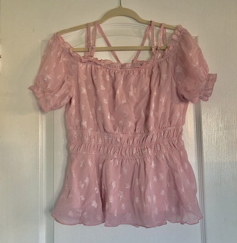 Grace Karin M rosa Kurzarm Off Shoulder Träger Bluse / Rüschen Sternenprint - Bild 2 von 8