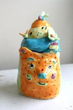 Whimsical Hand Built Studio Pottery Lidded Face Jar Dopamine Decor Ceramic