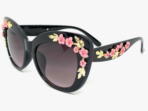 OVERSIZE VINTAGE RETRO CAT EYE Style SUN GLASSES Large Black Frame Floral Design - Picture 4 of 6