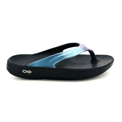 Womens 7 OOFOS Oolala Luxe Sandals Flip Flop Comfort Midnight Spectre Shiny Blue