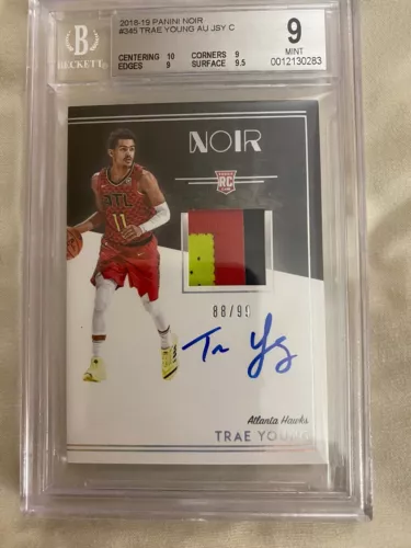 TRAE YOUNG 2018-19 Panini Noir Jersey Patch BGS 9 .5 from 9.5 Auto 10 RPA #/99