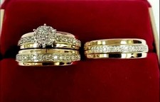 Lab-Created Diamond Wedding Bridal His/Her Trio Ring Set 14K Yellow Gold plated