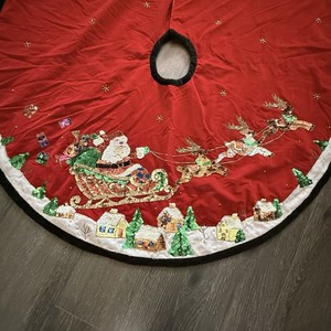 Santa on Sleigh Sequence Beaded Red Velvet Christmas Tree Skirt