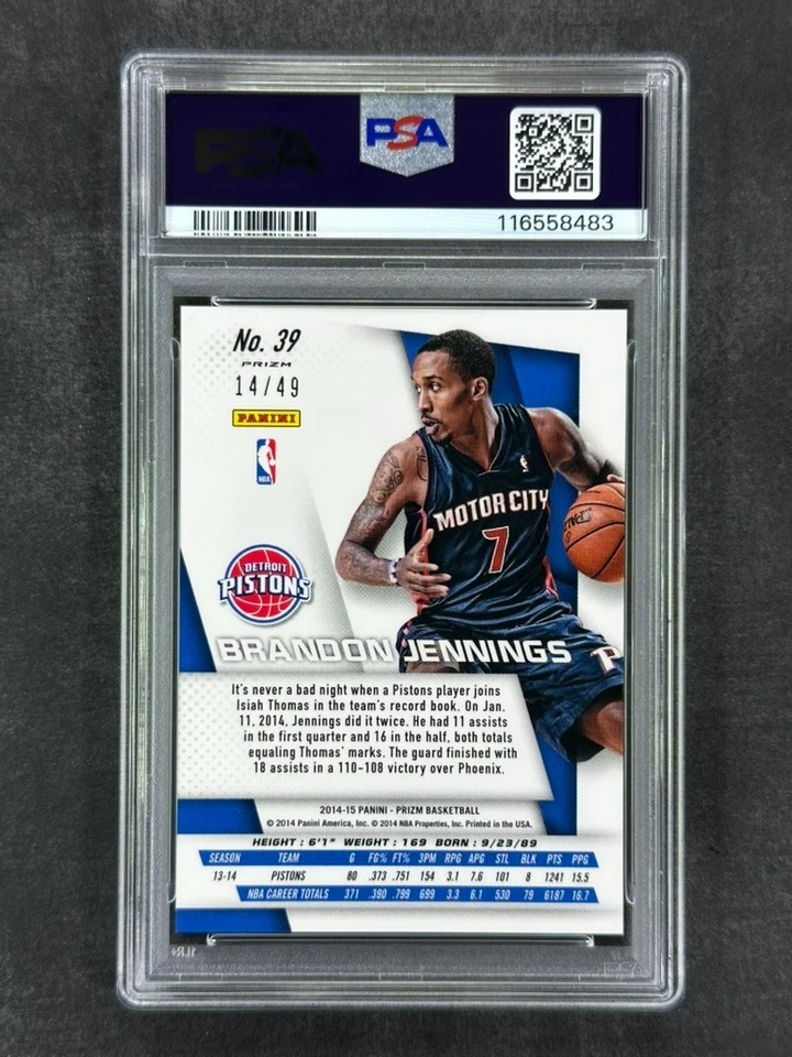 2014-15 帕尼尼 Prizm #39 Brandon Jennings 红色 Prizm /49 PSA 10 Gem 完好,流行 1 — 第 2/2 张图片