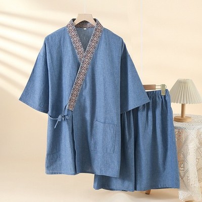 Neu Herren Baumwolle Kimono Stil Pyjama Set in Jeansblau mit gemustertem Besatz