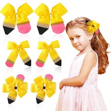 6PCS Back to School Yellow Pencil Hair Clips Ribbon Grosgrain Hairgrips Hair ...