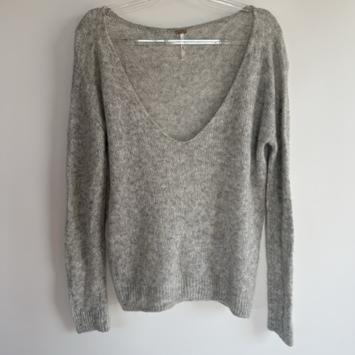 Free People Damen Pullover XS grau luftig Alpaka Wolle Oversize V-Ausschnitt
