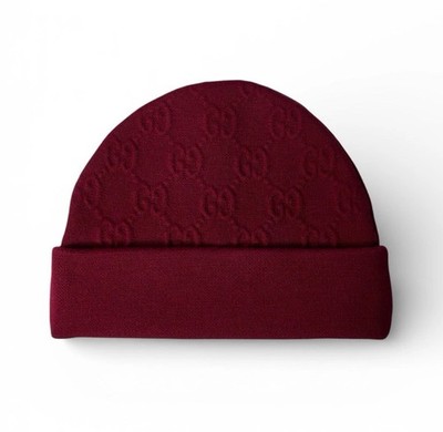 Gucci GG Muster Strick Beanie Mütze dunkelrot Gr. M Wollmischung Made in Italy