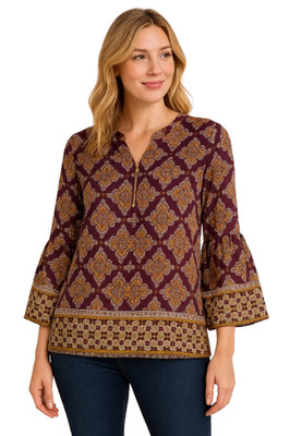 Roz & Ali Size 1X V-neck 3/4 sleeve With Bell Cuff Pullover Top