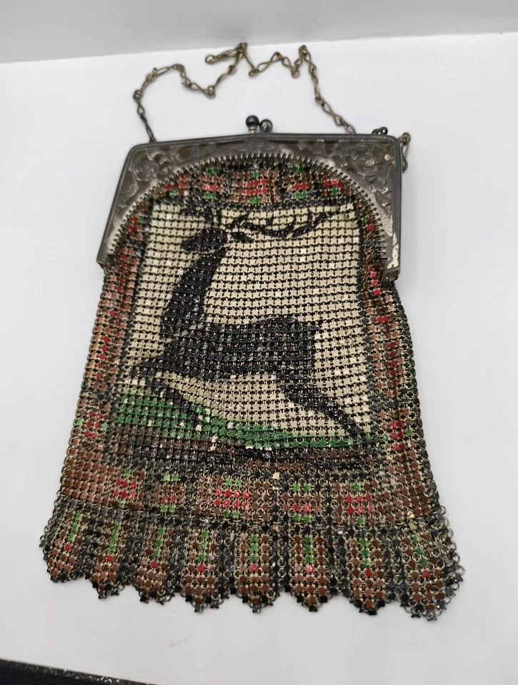 Cartera de malla pintada Whiting & Davis Art Deco de 1920 RARA - escena de ciervo/ciervo Foto 3 de 4