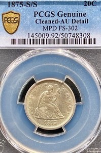 1875 S Over S Liberty Seated Silver Twenty Cent 20C, PCGS Gold Shield AU Detail