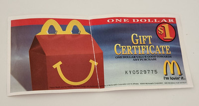 Vintage 1 McDonald's Gift Certificate One Dollar 2005 Happy Meal FLAWS  (M)