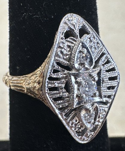 Stunning Vintage Art Deco Diamond Filigree Ring 14k Yellow & White Gold Size 5 - Picture 1 of 11
