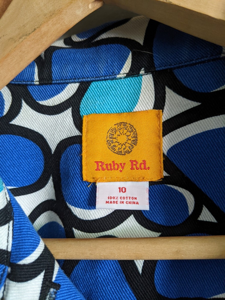 RUBY RD Jacket Bright Blue Circle Mod Pattern Pockets Sz 10 Denim 