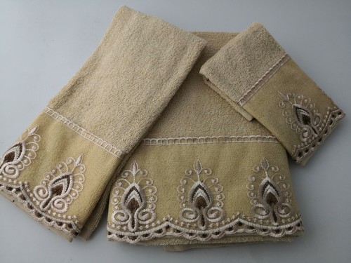 100% Cotton Sheer Embroidered 3 Piece Towel Set Included Bath Hand Facial Towel - Picture 42 of 50