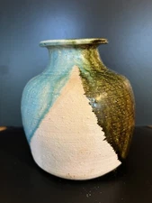 Glazed Art Pottery Vase Jug Turquoise 3-tone 5” Textured Vintage