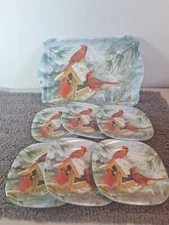 Keller-Charles Philadelphia 1 Tray  6 Plates Cardinals Birdhouse Water Color
