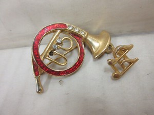 Authentic Gold Plated French Horn with Red Inlay & Stones Pinback Pin
