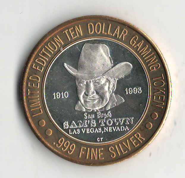 999 FINE SILVER L.E. TEN DOLLAR GAMING TOKEN SAM'S TOWN